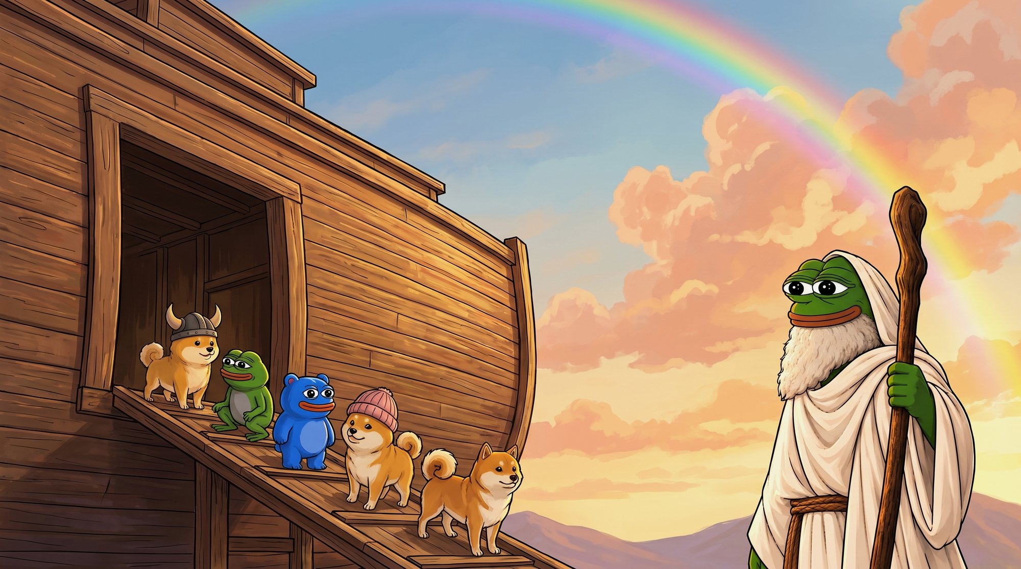 Noah, a frog in a white robe, standing beside a massive wooden ark at golden hour as a short line of meme animals boards